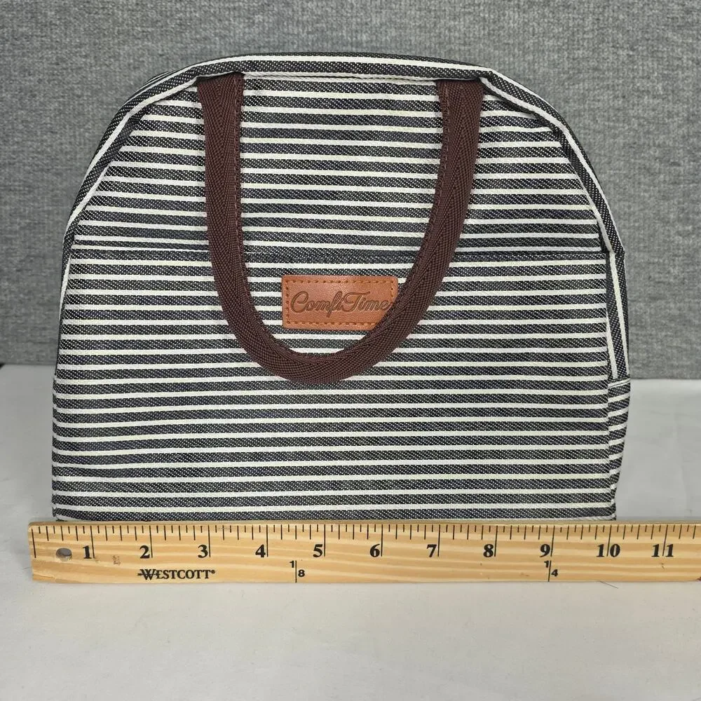 COMFYTIME INSULATED LUNCH BAG – BLACK/WHITE STRIPES – ZIP TOP / THERMAL LINING